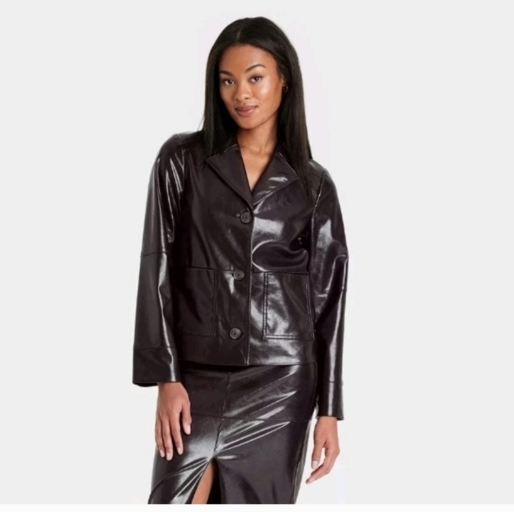 A New Day Women's Faux Leather Jacket Midweight Front Button Full Lining